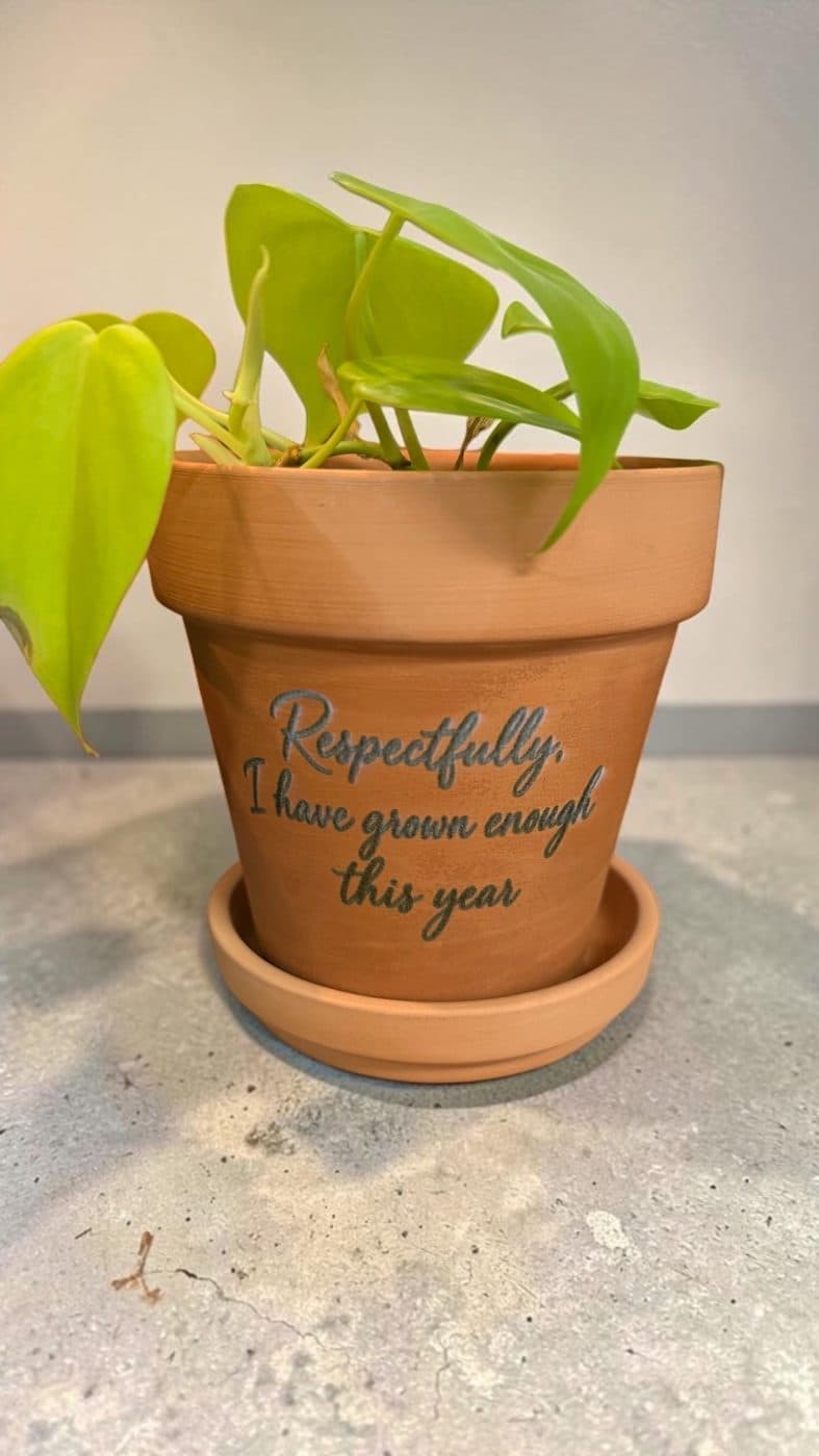Terracotta pot engraved 'Respectfully, I have grown enough this year' holding a pothos