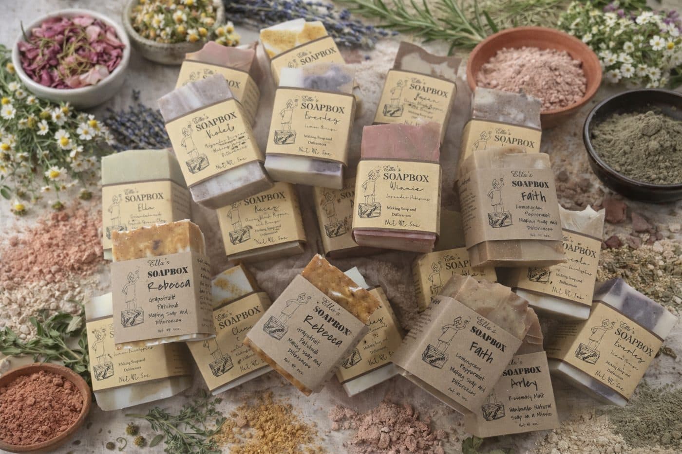 Stacks of wrapped handmade soap bars among dried flowers